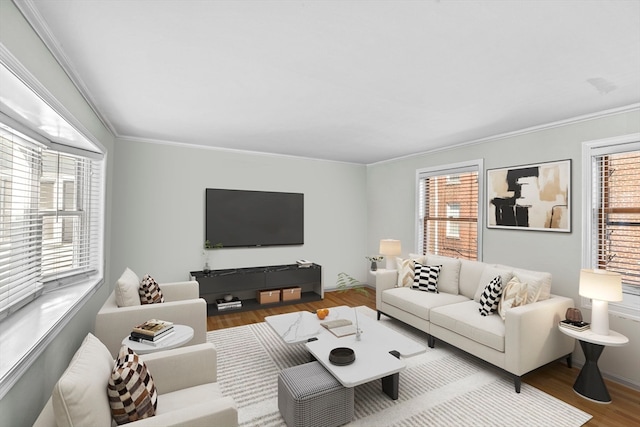 living room with wood-type flooring, crown molding, and a healthy amount of sunlight