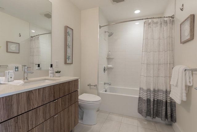 bathroom featuring vanity, shower / bathtub combination with curtain, visible vents, tile patterned floors, and toilet