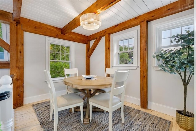 66 S W Dr, Dennis, MA 02638 - dining area with plenty of natural light, light wood-style flooring, and beamed ceiling