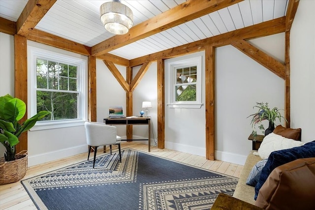 66 S W Dr, Dennis, MA 02638 - office featuring wood-type flooring and a wooden ceiling with exposed beams