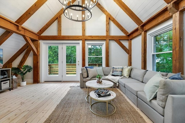66 S W Dr, Dennis, MA 02638 - living area featuring a chandelier, high vaulted ceiling, wood-type flooring, and a wood ceiling with exposed beams