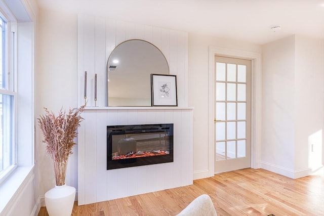 interior space featuring hardwood / wood-style flooring and a fireplace