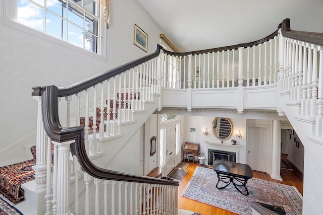 staircase featuring a high ceiling, hardwood / wood-style flooring, and a wealth of natural light