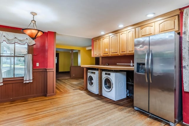 52 Maple St, Belchertown, MA 01007 - kitchen with stainless steel refrigerator with ice dispenser, washing machine and dryer, light wood-type flooring, recessed lighting, and a wainscoted wall