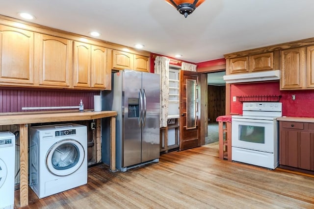 52 Maple St, Belchertown, MA 01007 - kitchen featuring white range with electric stovetop, stainless steel refrigerator with ice dispenser, under cabinet range hood, light wood-type flooring, and recessed lighting