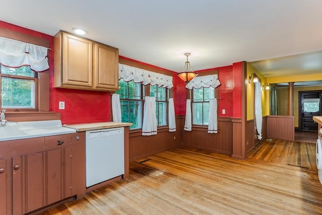 52 Maple St, Belchertown, MA 01007 - kitchen featuring white dishwasher, light wood-style floors, plenty of natural light, light countertops, and a wainscoted wall