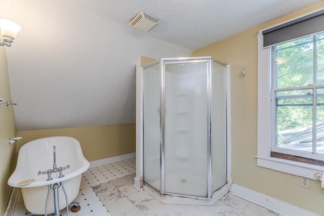 52 Maple St, Belchertown, MA 01007 - full bath featuring a stall shower, a freestanding tub, and a textured ceiling