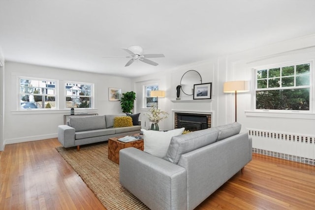 living room with ceiling fan, wood-type flooring, and radiator