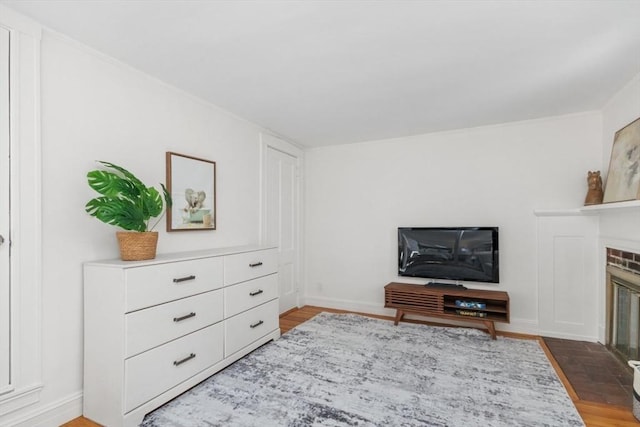 living area with hardwood / wood-style floors and a fireplace