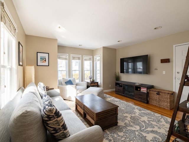 living room with light hardwood / wood-style flooring