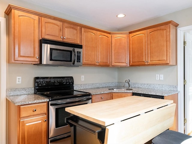 kitchen with appliances with stainless steel finishes, butcher block counters, and sink