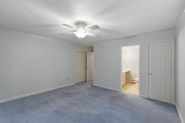 43 Warwick Rd, Gardner, MA 01440 - unfurnished bedroom featuring light colored carpet, baseboards, a baseboard radiator, connected bathroom, and ornamental molding