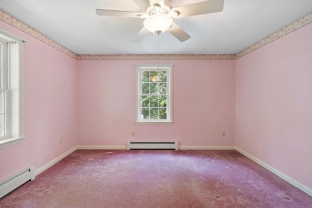43 Warwick Rd, Gardner, MA 01440 - unfurnished room with a baseboard heating unit, carpet, a ceiling fan, and baseboards