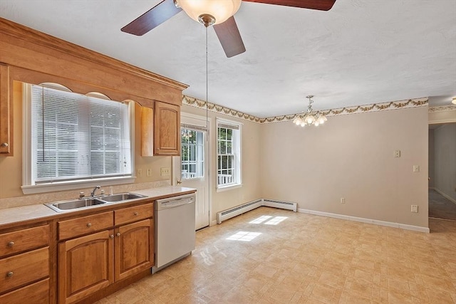 43 Warwick Rd, Gardner, MA 01440 - kitchen featuring white dishwasher, baseboard heating, a sink, and light countertops