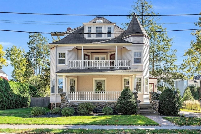 victorian house with a balcony, a front yard, and covered porch