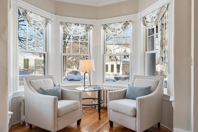 sitting room featuring hardwood / wood-style floors, radiator heating unit, and ornamental molding