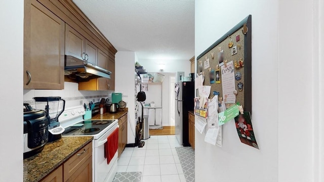 10 Williams St Unit 26, Watertown, MA 02472 - kitchen featuring white electric stove, freestanding refrigerator, under cabinet range hood, light tile patterned floors, and dark stone countertops
