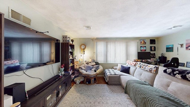 living area featuring a textured ceiling and visible vents