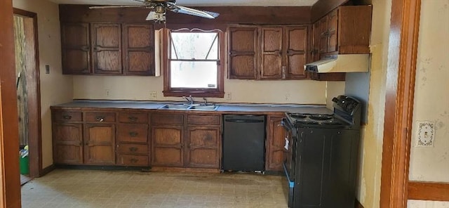 kitchen with sink, ceiling fan, and black appliances