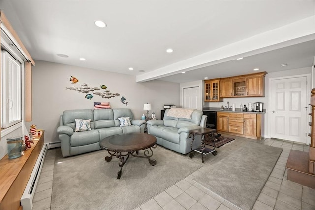 1 Calico Cir Unit 1, Dennis, MA 02639 - living area with indoor wet bar, recessed lighting, a baseboard heating unit, and tile patterned flooring