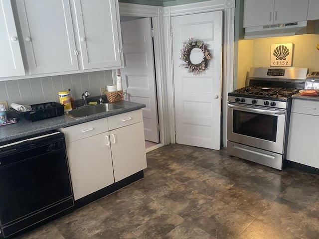 kitchen with under cabinet range hood, a sink, black dishwasher, dark countertops, and stainless steel range with gas stovetop