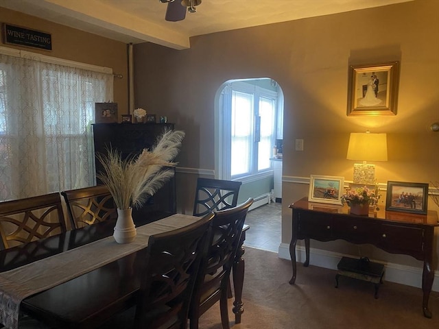 dining space with beamed ceiling, baseboard heating, a ceiling fan, and baseboards