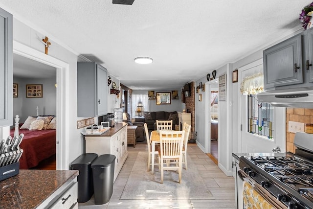 kitchen with stainless steel range with gas stovetop, gray cabinetry, a textured ceiling, exhaust hood, and open floor plan