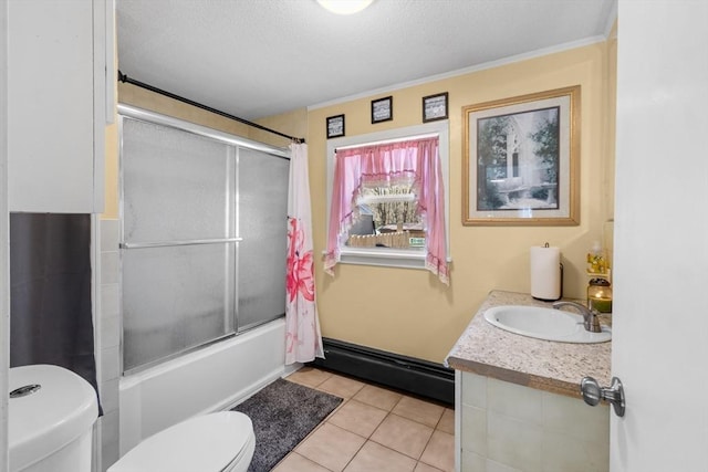 bathroom featuring toilet, a sink, a textured ceiling, tile patterned flooring, and a baseboard radiator