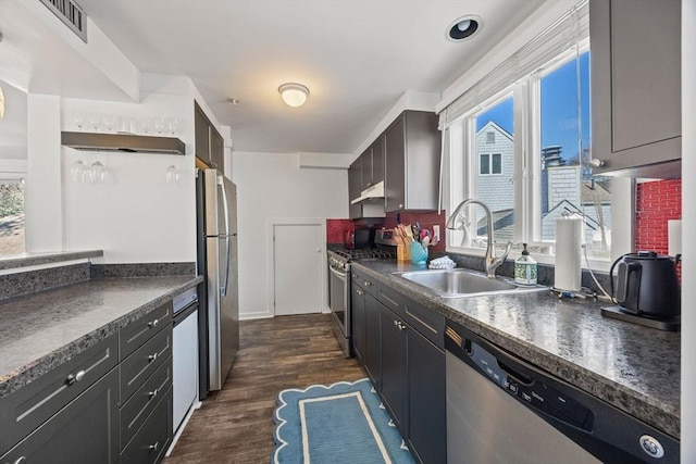 kitchen with stainless steel appliances, a sink, a healthy amount of sunlight, dark wood-style floors, and dark countertops