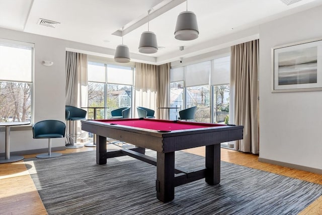 recreation room with hardwood / wood-style floors and pool table