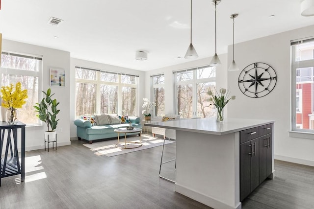 kitchen featuring a center island, decorative light fixtures, and dark hardwood / wood-style floors