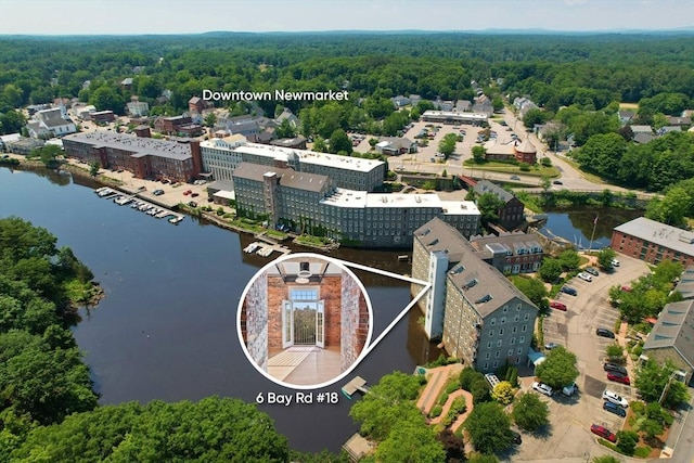 birds eye view of property featuring a water view