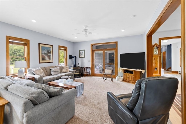45 Pleasant St, Middleboro, MA 02346 - carpeted living area with a ceiling fan and recessed lighting