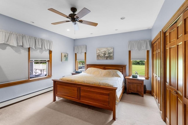 45 Pleasant St, Middleboro, MA 02346 - bedroom featuring baseboard heating, light carpet, recessed lighting, and a ceiling fan