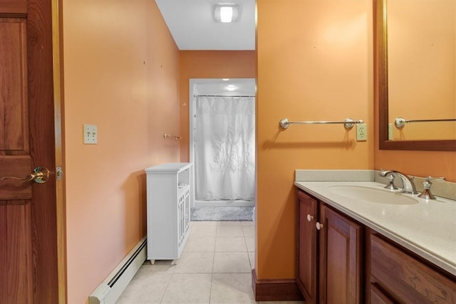 45 Pleasant St, Middleboro, MA 02346 - full bathroom featuring a baseboard heating unit, vanity, tile patterned floors, and curtained shower