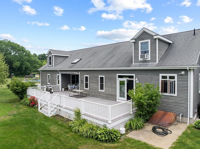 45 Pleasant St, Middleboro, MA 02346 - rear view of property with a lawn, a wooden deck, roof with shingles, and cooling unit