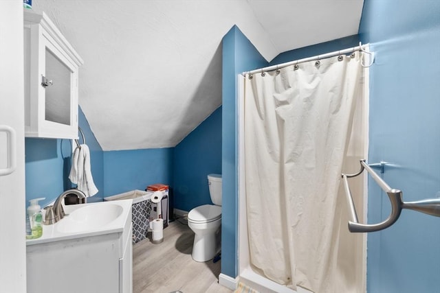 45 Pleasant St, Middleboro, MA 02346 - full bath with vanity, wood finished floors, lofted ceiling, and a shower with curtain