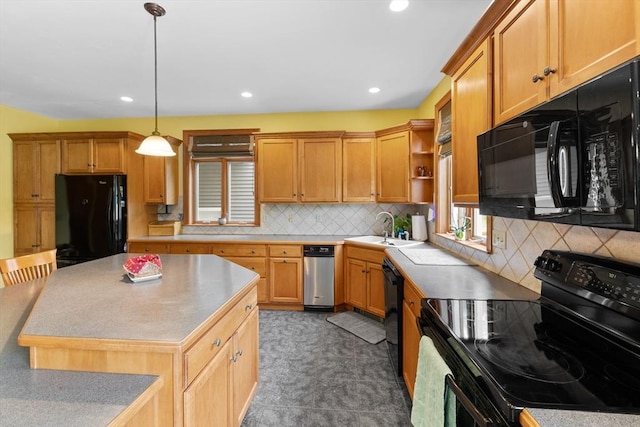 45 Pleasant St, Middleboro, MA 02346 - kitchen featuring black appliances, open shelves, light countertops, decorative backsplash, and decorative light fixtures