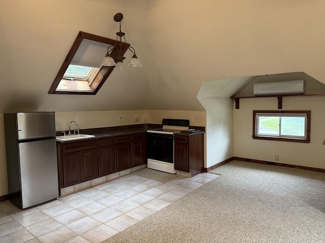 612 Grove St Lot 1, Worcester, MA 01605 - kitchen with freestanding refrigerator, electric stove, a sink, a skylight, and a wall mounted AC