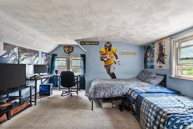 96 Hurd St, Lynn, MA 01905 - carpeted bedroom with a textured ceiling, vaulted ceiling, and a desk