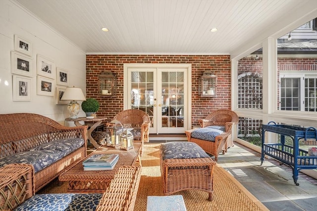 sunroom / solarium with french doors and wooden ceiling