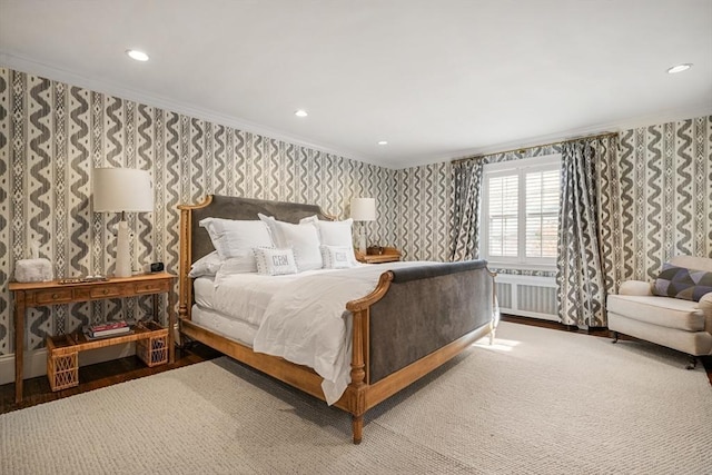 bedroom featuring radiator heating unit, recessed lighting, wallpapered walls, and crown molding