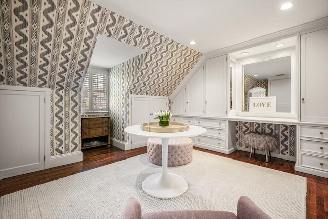 bathroom with wallpapered walls, recessed lighting, wood finished floors, and baseboards