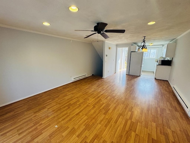 unfurnished living room with a baseboard radiator, light wood-style floors, a ceiling fan, and crown molding