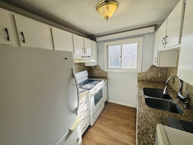 kitchen with white appliances, light wood finished floors, a sink, under cabinet range hood, and backsplash