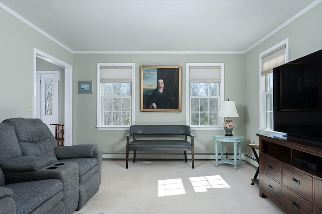 living area featuring ornamental molding, baseboard heating, and light colored carpet