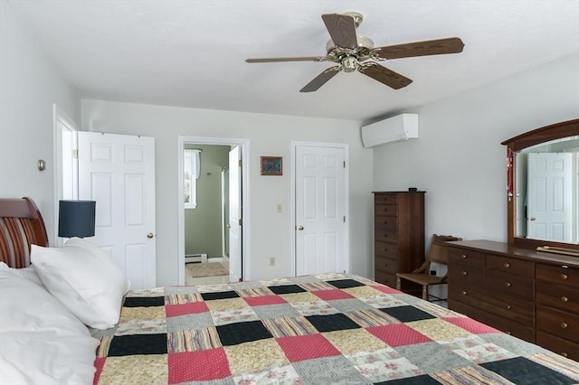 unfurnished bedroom with a baseboard heating unit, a ceiling fan, and a wall mounted air conditioner