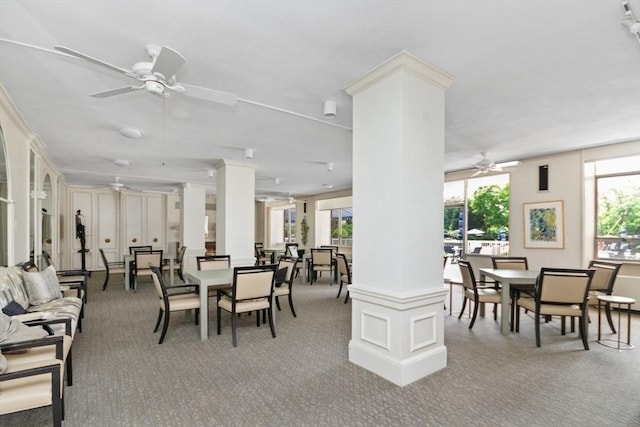 280 Boylston St Unit 110, Newton, MA 02467 - carpeted dining room featuring ceiling fan and ornate columns