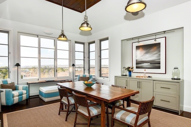 dining area featuring wood ceiling, dark wood-type flooring, and a wealth of natural light