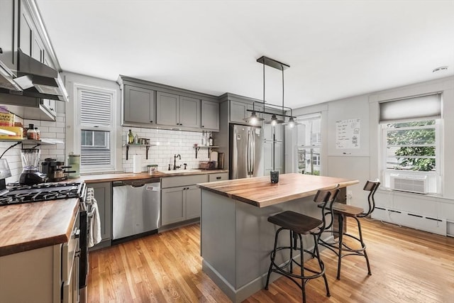 14 Horace St Unit 2, Boston, MA 02128 - kitchen with wooden counters, appliances with stainless steel finishes, gray cabinets, and light wood-type flooring